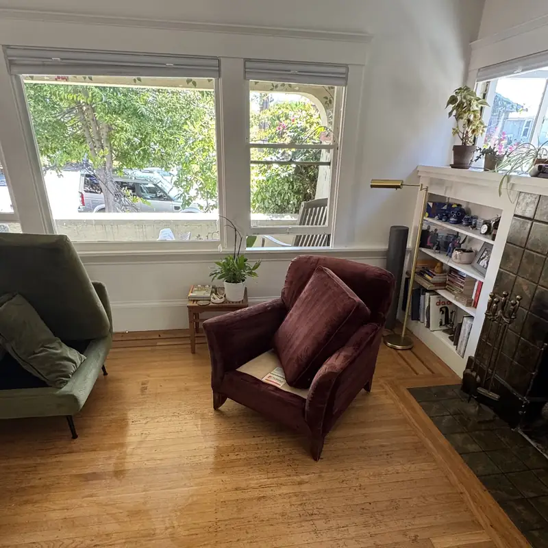 Burgundy accent chair and olive armchairs after upholstery cleaning