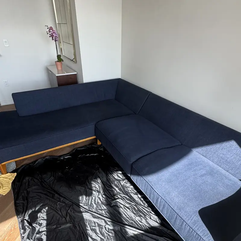 Navy sectional sofa with floor protected during upholstery cleaning