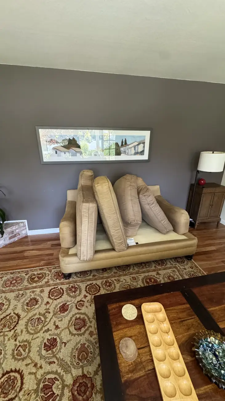 Beige microfiber set after cleaning, cushions set out to dry evenly