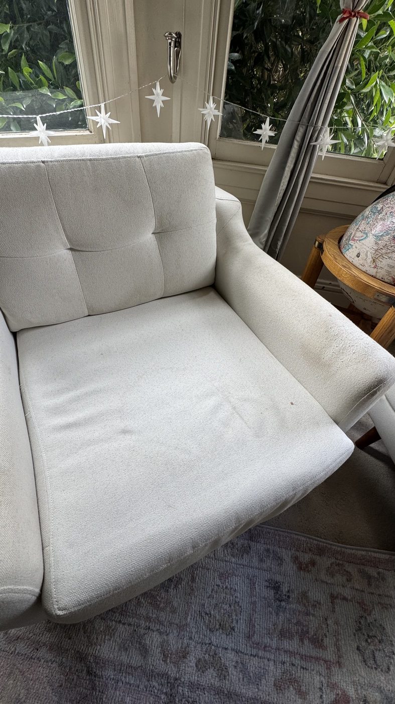 Same armchair after deep cleaning, bright and even