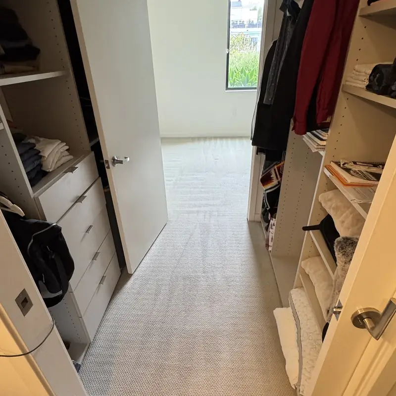 Walk-in closet carpet cleaned to the edges and drying