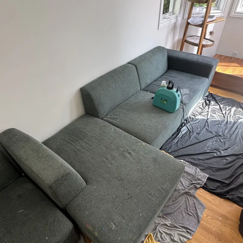 Charcoal sectional and chaise after deep cleaning, drying in the living room