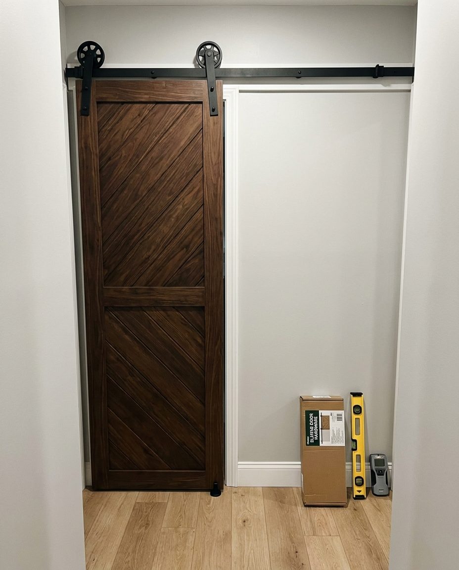 Sliding barn door installed on a rail