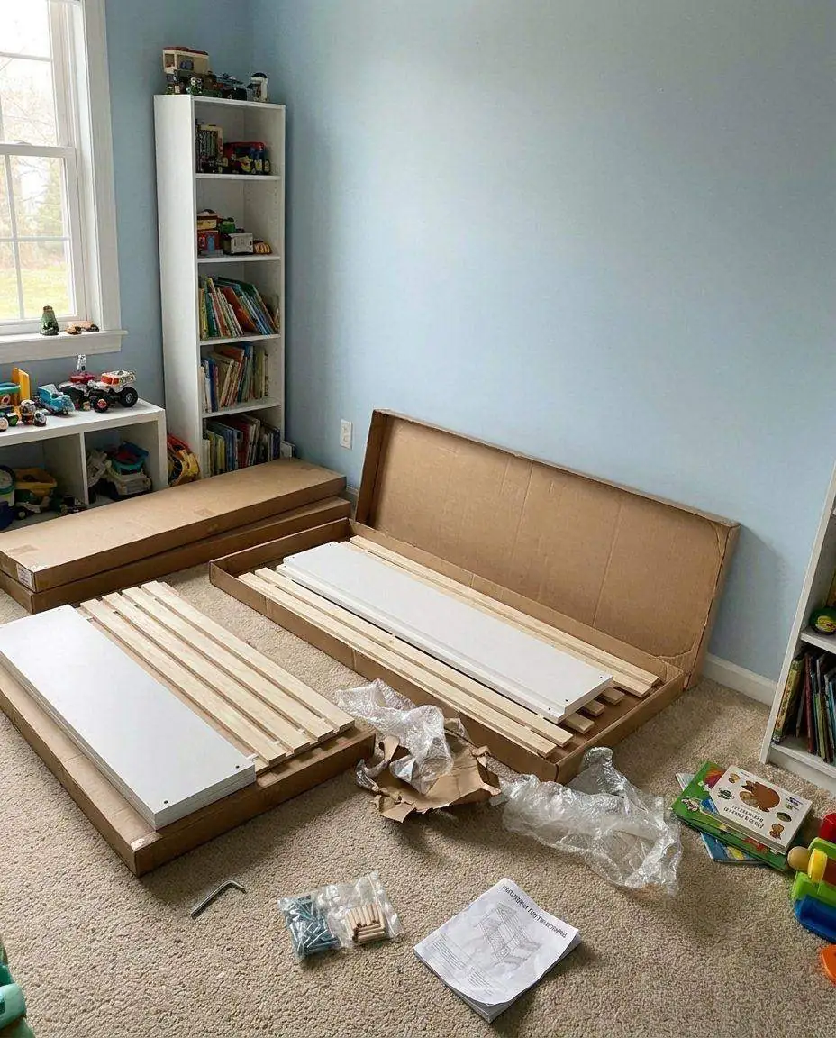 Bunk bed parts before assembly