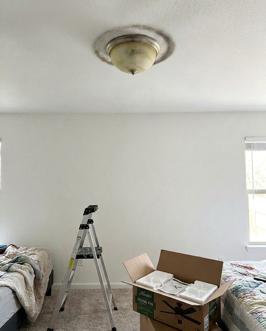 Old light fixture before ceiling fan installation