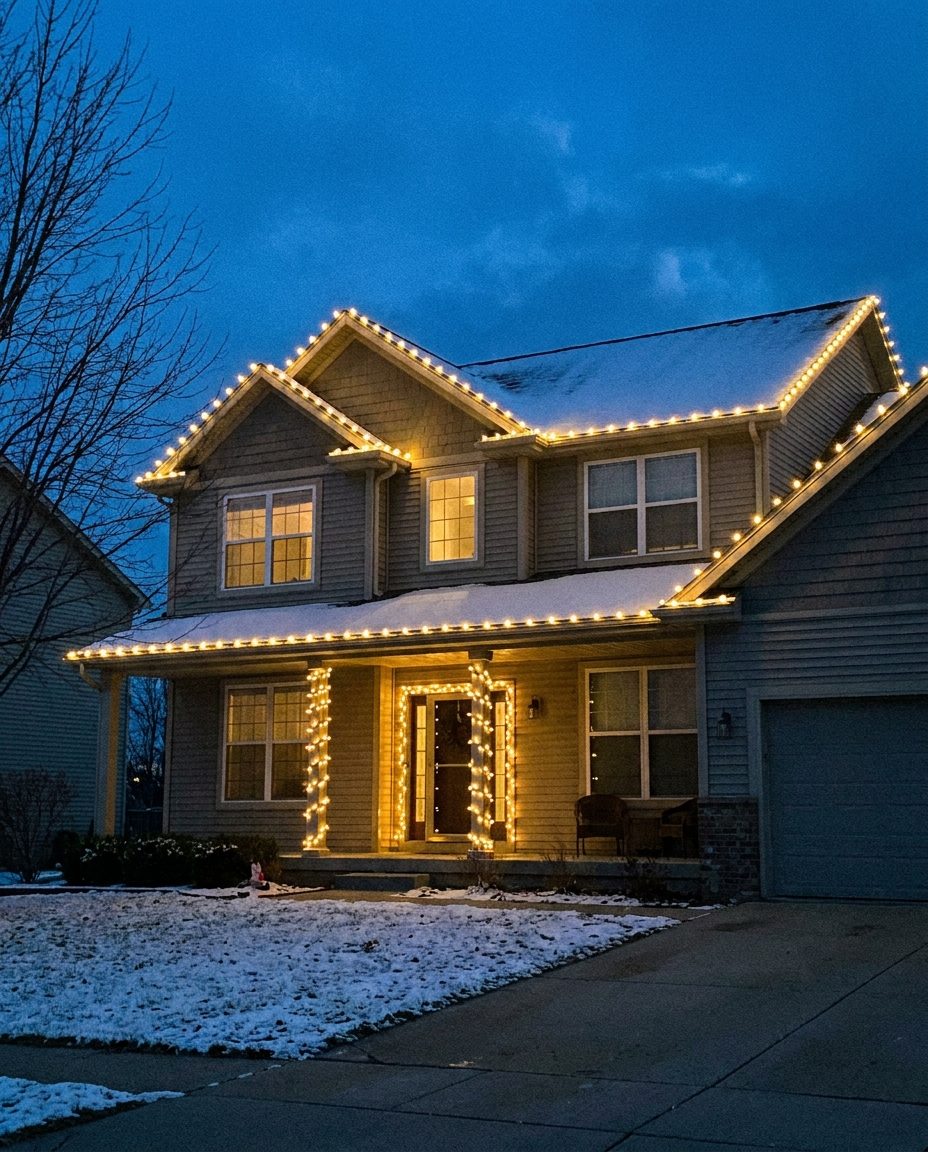 Christmas lights installed on house exterior