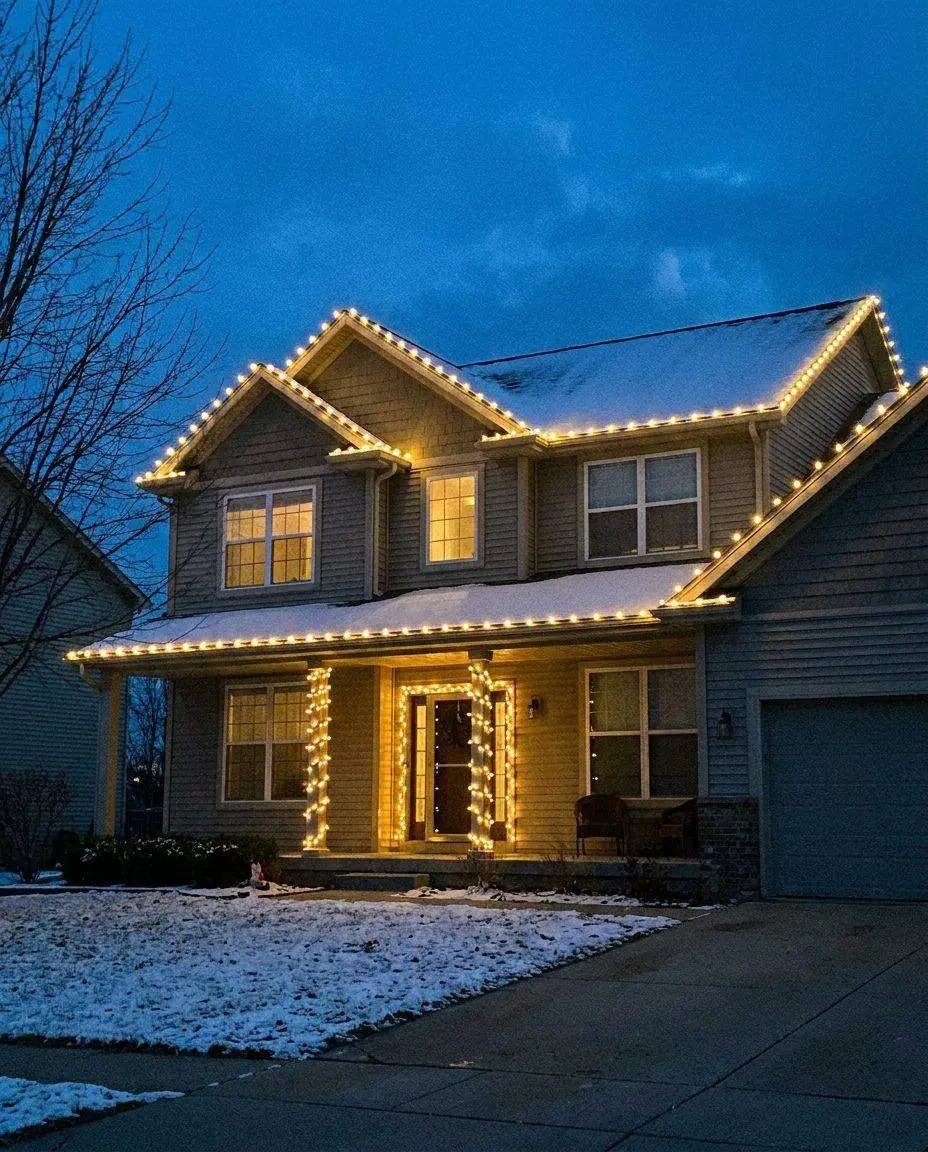 Christmas lights installed on house exterior