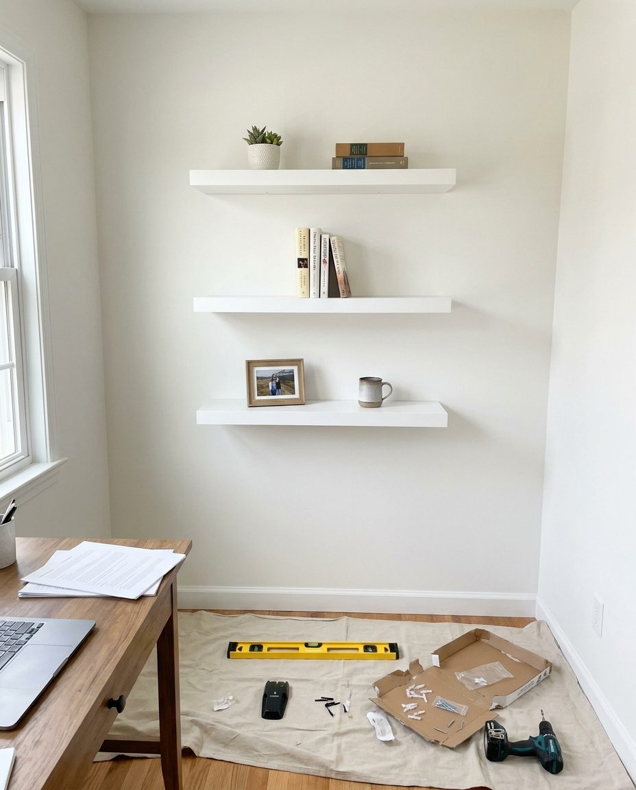 Floating shelves installed level on the wall