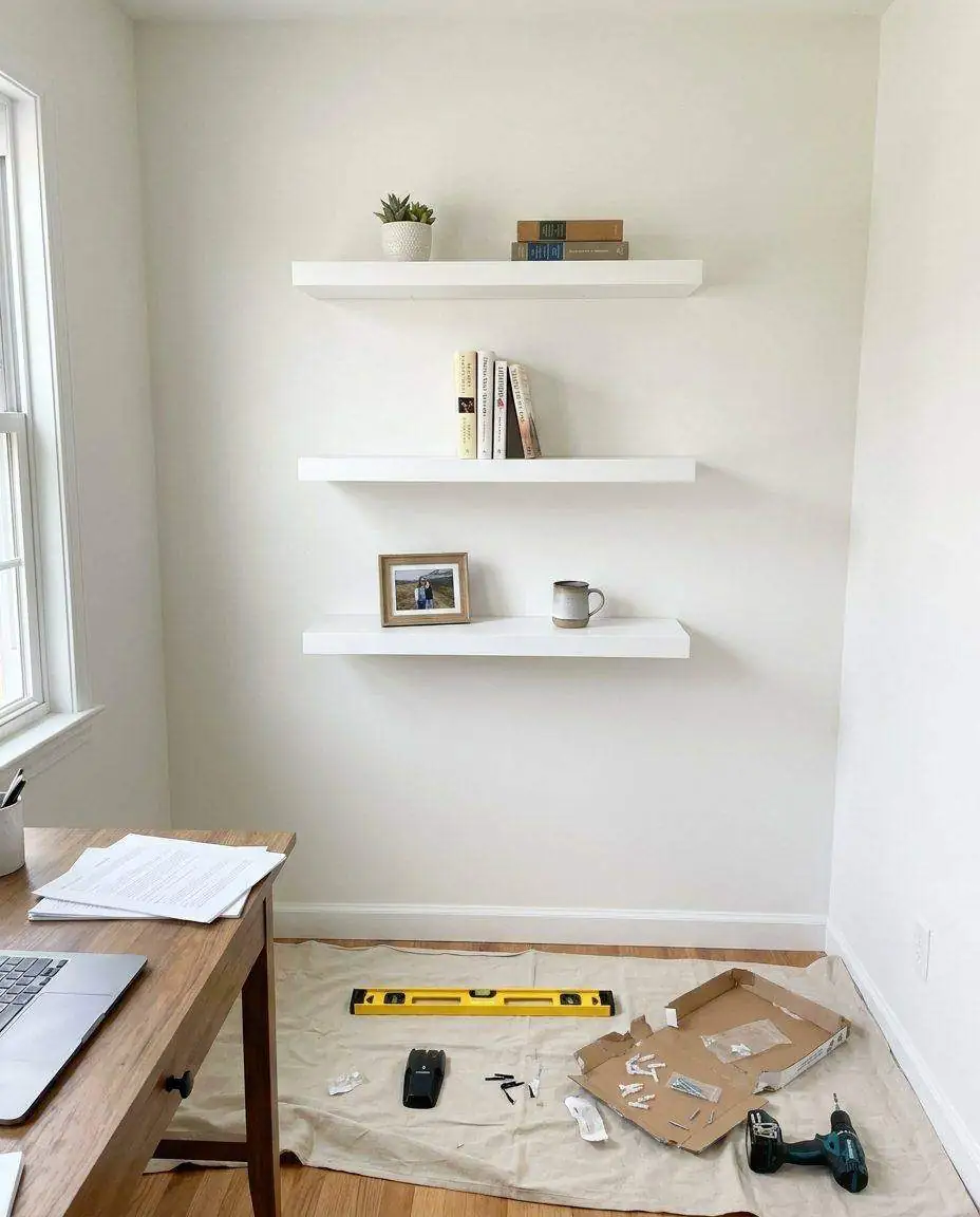Floating shelves installed level on the wall