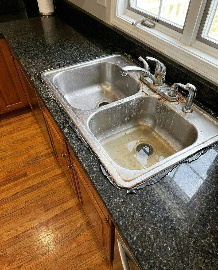 Old worn kitchen sink before replacement