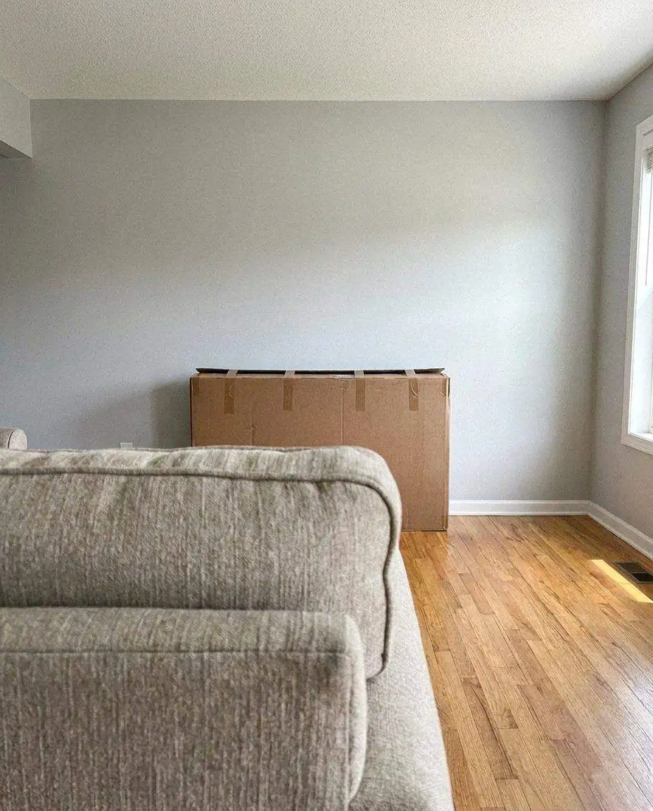 Living room with TV on a stand and visible cables