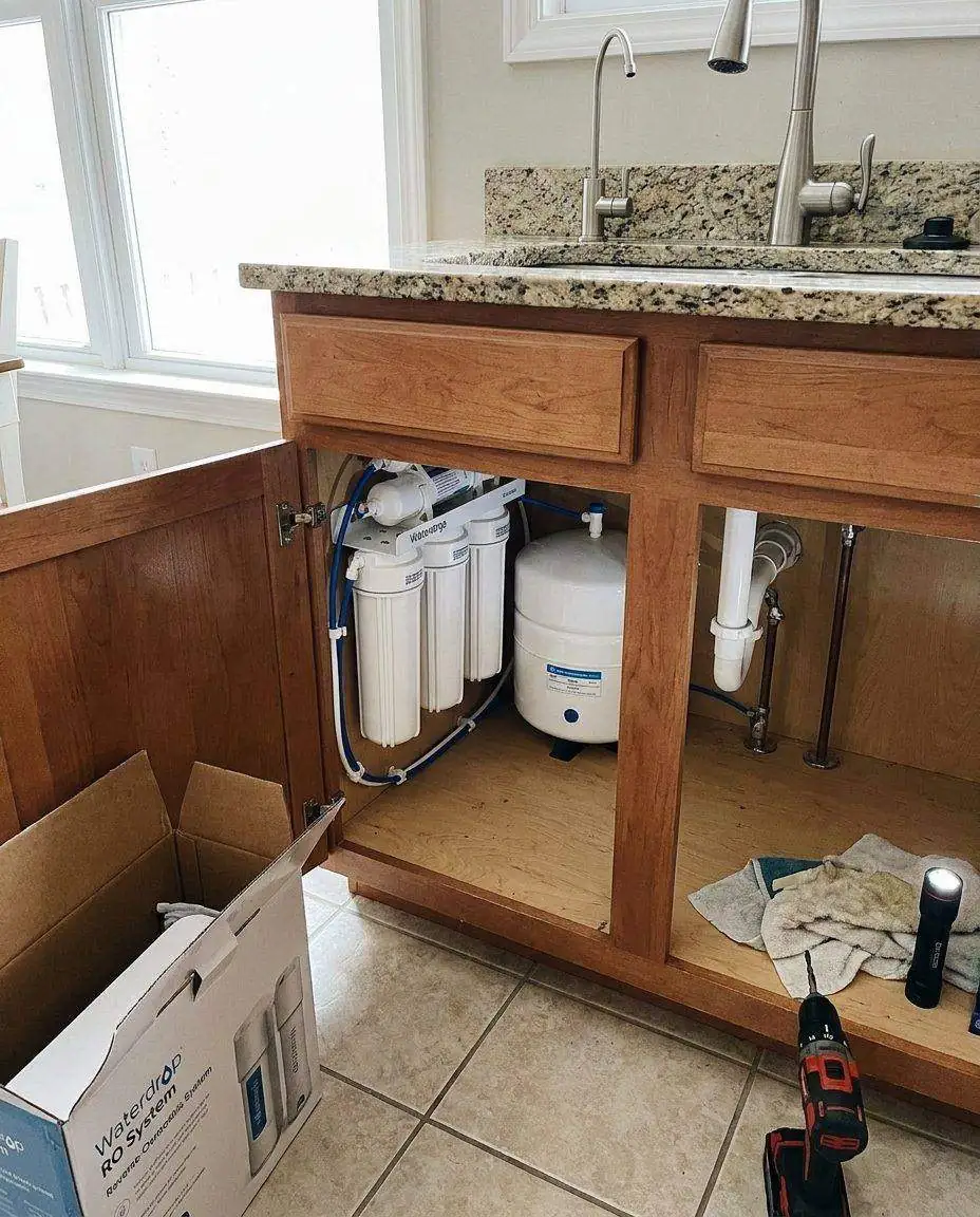 Under-sink water filter system installed